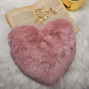 Woman Heart Shaped Fluffy Faux Rabbits Fur Shoulder Crossbody Bag Zipper Pink